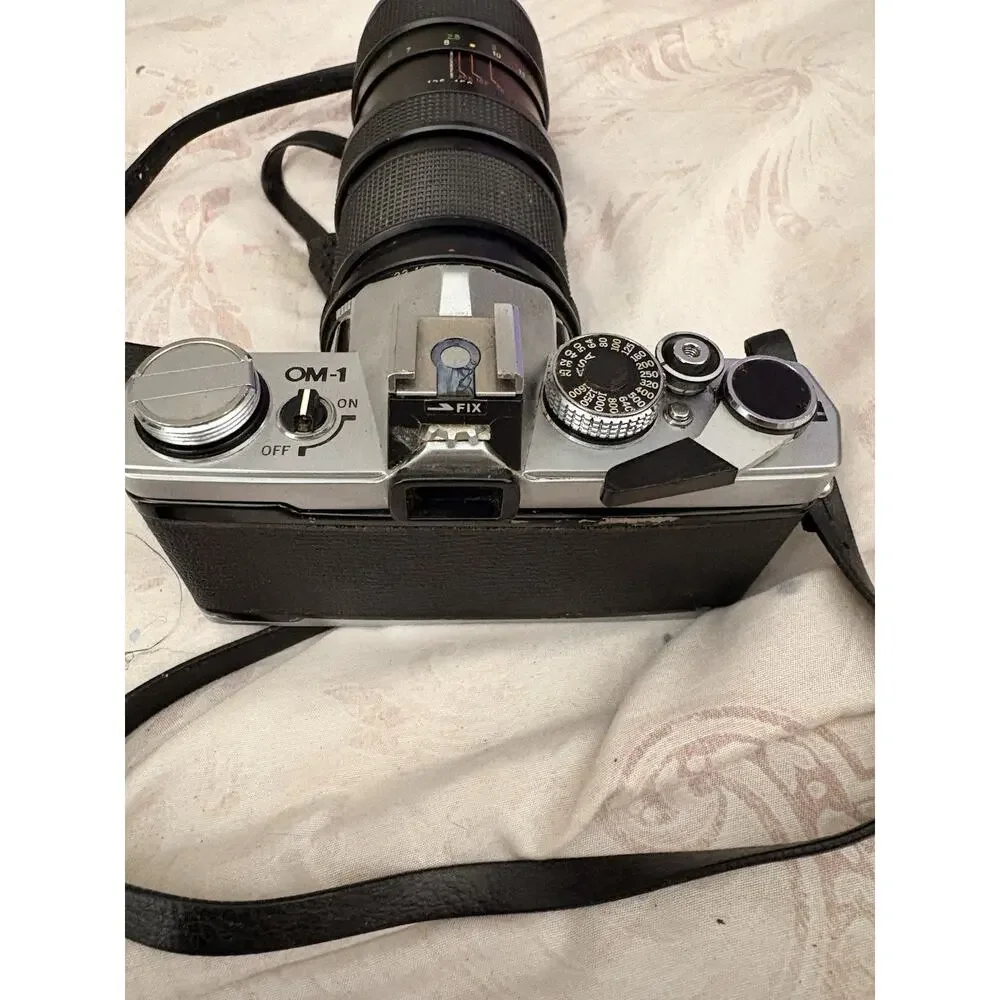 Olympus OM-1 Film Camera W/ Vivitar 75-205mm F3.8 Auto Focus Lens And Arm Sling